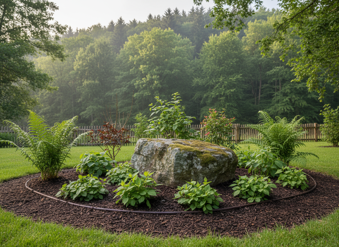 A serene, naturalistic garden corner designed for low maintenance, located at the boundary of a property facing the Taunus forest. A softly curving bed planted with native shrubs, ferns, and shade-tolerant groundcovers wraps around a weathered, moss-dusted boulder. Mulched soil appears evenly spread with no weeds, and a discreet drip irrigation line is barely visible between plants, hinting at professional installation. Dappled light filters through overhead tree branches, creating shifting patterns on the leaves and stone. Photographic realism with a close, slightly low angle and moderate depth of field evokes a peaceful, sustainable, and expertly cared-for landscape.